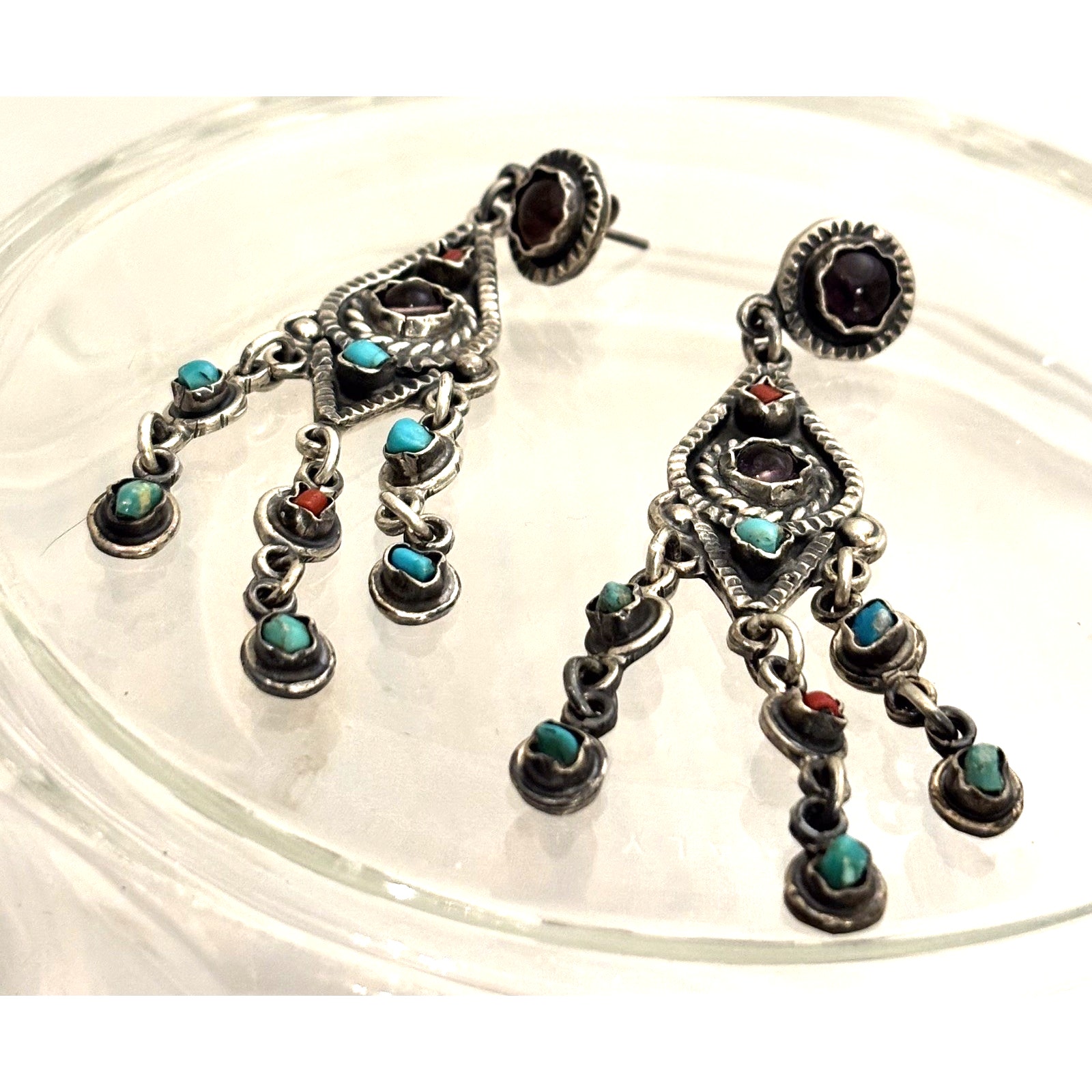 Vintage Matl Style Mexico Sterling/Turquoise/Coral/Amethyst Chandelier Earrings